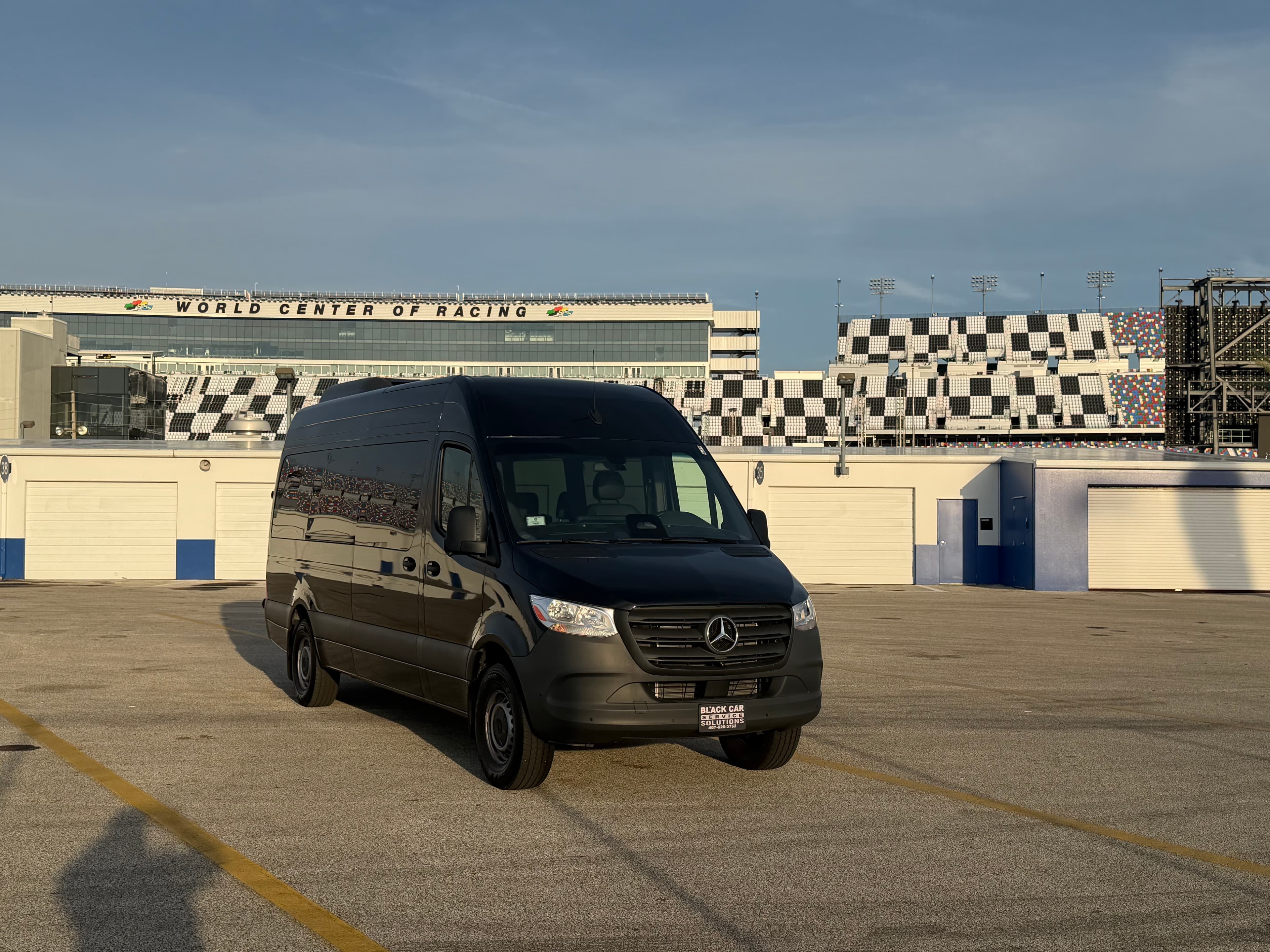 Mercedes Sprinter at Daytona International Speedway for Orlando airport transfers